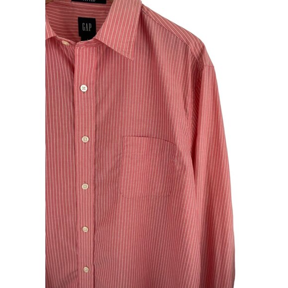 GAP Mens Size Large Fitted Red w/White Pinstripes Long Sleeve Button Up Shirt - Picture 3 of 7